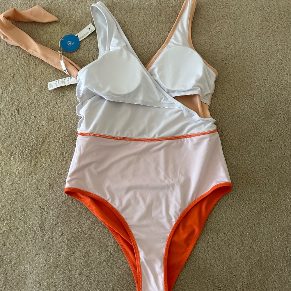 NWT Cupshe Woman’s Swimsuit One Piece, Sz L, Orange/Beige/White - Picture 12 of 13